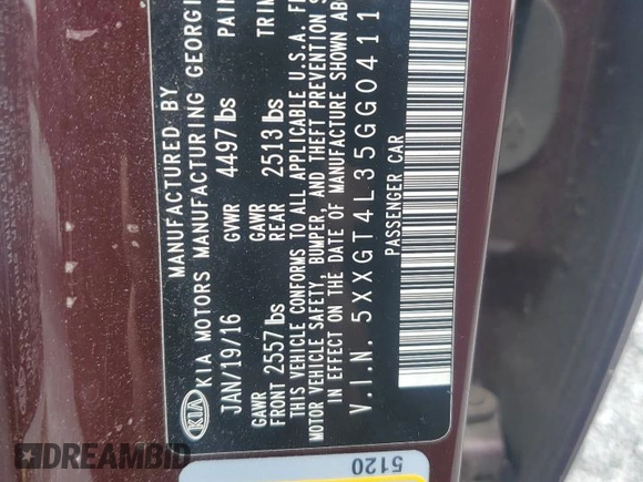 2016 Kia Optima LX with VIN 5XXGT4L35GG041185, listed as a Copart auction lot 50171935 with 165,619 mi miles and Salvage title. Bid and sale history available at DreamBid. Image 12.