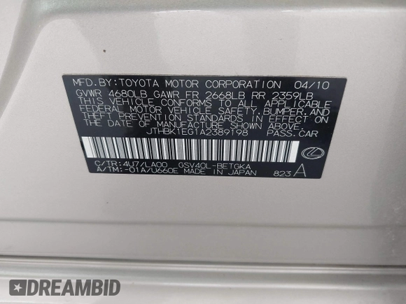 2010 Lexus ES 330 with VIN JTHBK1EG1A2389198, listed as a IAAI auction lot 41918159 with 118,937 mi miles and . Bid and sale history available at DreamBid. Image 9.