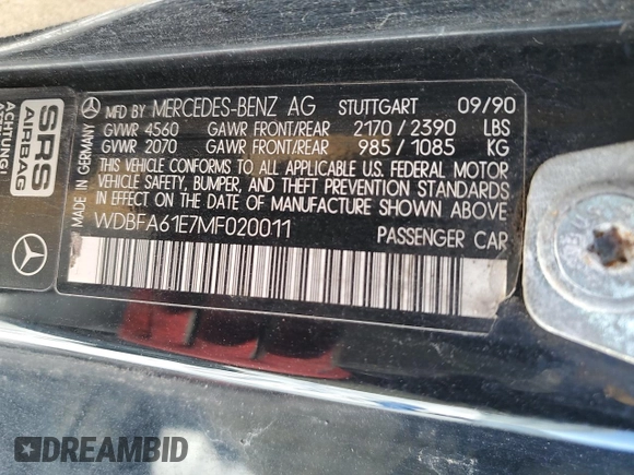 1991 Mercedes-Benz 300 with VIN WDBFA61E7MF020011, listed as a Copart auction lot 84235894 with Not Provided miles and Salvage Title. Bid and sale history available at DreamBid. Image 12.