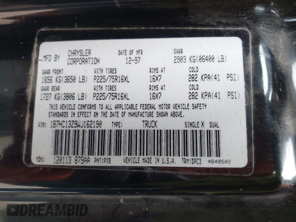 1998 Dodge 1500 с VIN 1B7HC13Z9WJ162190, выставлен на аукционе IAAI как лот 39350526 с пробегом Не указан миль и . История ставок и продаж доступна на DreamBid. Изображение 9.