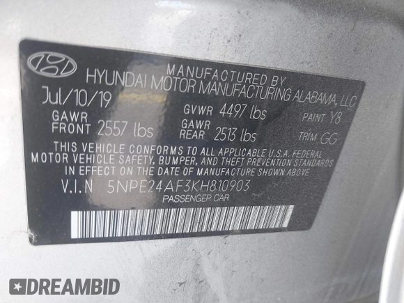 2019 Hyundai Sonata SE with VIN 5NPE24AF3KH810903, listed as a IAAI auction lot 41831371 with 68,317 mi miles and . Bid and sale history available at carsss.com. Image 9.