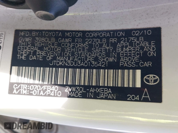 2010 Toyota Prius II with VIN JTDKN3DU3A0135421, listed as a IAAI auction lot 41935937 with 148,840 mi miles and . Bid and sale history available at DreamBid. Image 9.