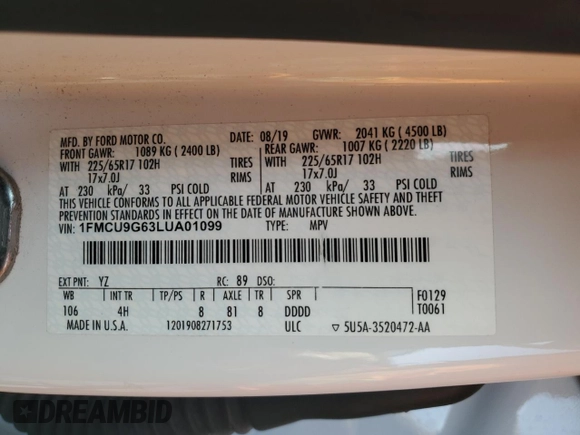 2020 Ford Escape SE z VIN 1FMCU9G63LUA01099, wystawiony jako Copart lot #52207345 z przebiegiem 73 321 mil mil oraz Szkoda całkowita • Salvage title. Historia ofert i sprzedaży dostępna na DreamBid. Obrazek 12.