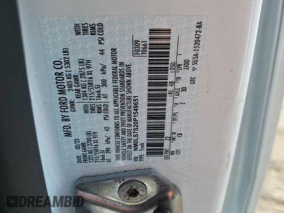 2023 Ford Transit Connect XL with VIN NM0LS7S20P1549651, listed as a Copart auction lot 66435685 with 62,232 mi miles and Salvage title. Bid and sale history available at DreamBid. Image 13.
