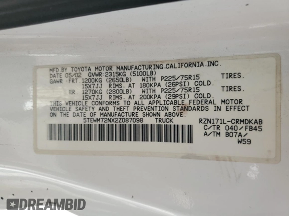 2002 Toyota Tacoma with VIN 5TEWM72NX2Z087098, listed as a Copart auction lot 63470295 with 193,784 mi miles and Salvage title. Bid and sale history available at DreamBid. Image 12.