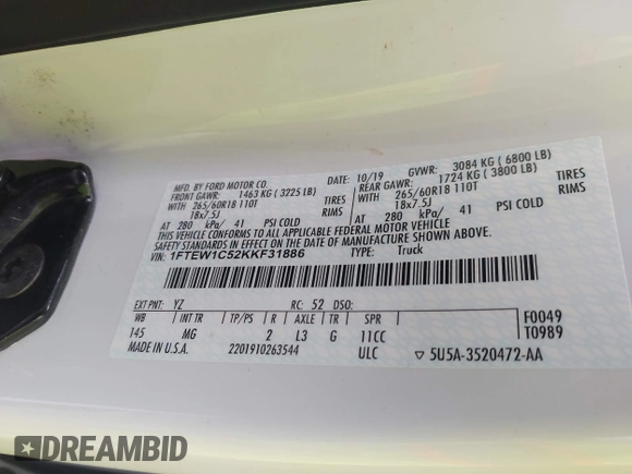 2019 Ford F-150 XL with VIN 1FTEW1C52KKF31886, listed as a IAAI auction lot 41593264 with 44,046 mi miles and . Bid and sale history available at DreamBid. Image 9.
