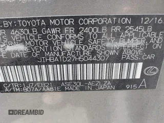2017 Lexus IS 200t with VIN JTHBA1D27H5044307, listed as a IAAI auction lot 42319023 with 115,672 mi miles and . Bid and sale history available at DreamBid. Image 9.
