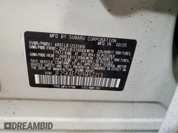 2023 Subaru Forester Premium с VIN JF2SKAEC5PH452213, выставлен на аукционе Copart как лот 62458905 с пробегом 13 180 миль миль и Списание • Salvage title. История ставок и продаж доступна на DreamBid. Изображение 14.