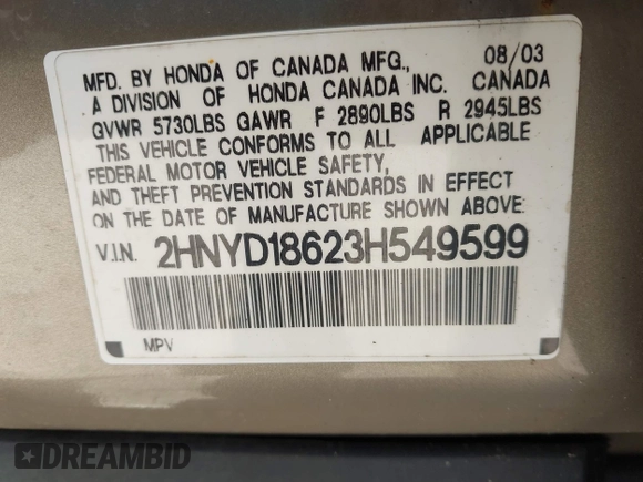 2003 Acura MDX Touring Pkg with VIN 2HNYD18623H549599, listed as a IAAI auction lot 41879934 with 242,896 mi miles. Bid and sale history available at carsss.com. Image 9.