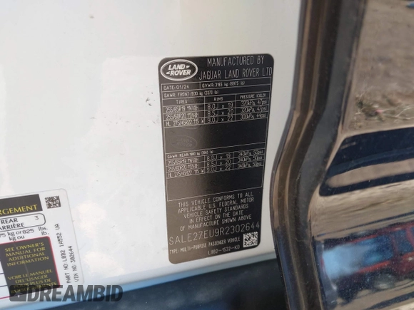 2024 Land Rover Defender X-Dynamic SE with VIN SALE27EU9R2302644, listed as a IAAI auction lot 41344698 with 12,688 mi miles and . Bid and sale history available at DreamBid. Image 9.