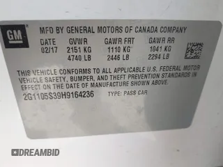 2017 Chevrolet Impala LT with VIN 2G1105S39H9164236, listed as a IAAI auction lot 42001427 with 150,937 mi miles and . Bid and sale history available at DreamBid. Image 8.
