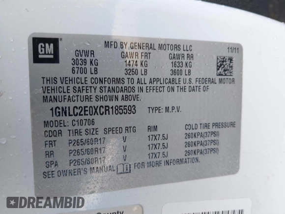 2012 Chevrolet Tahoe Commercial with VIN 1GNLC2E0XCR185593, listed as a IAAI auction lot 41217784 with 150,419 mi miles and . Bid and sale history available at DreamBid. Image 9.