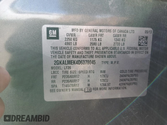 2013 GMC Terrain SLE with VIN 2GKALMEK4D6378045, listed as a Copart auction lot 51791475 with 149,420 mi miles and Salvage Title. Bid and sale history available at DreamBid. Image 13.