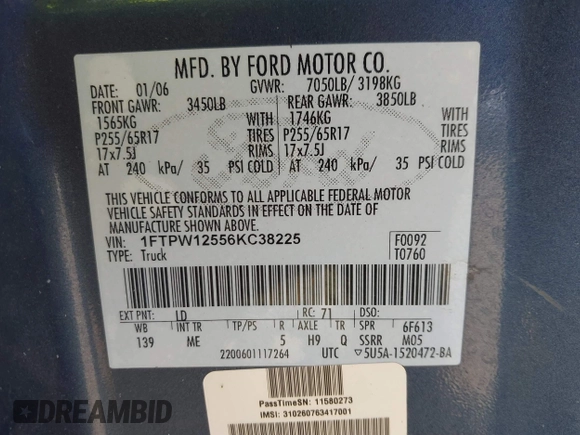 2006 Ford F-150 XLT with VIN 1FTPW12556KC38225, listed as a IAAI auction lot 41838436 with 172,926 mi miles. Bid and sale history available at carsss.com. Image 9.