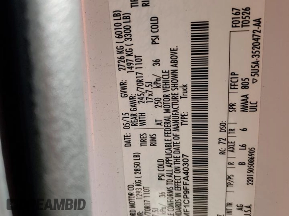 2015 Ford F-150 XL with VIN 1FTMF1CP9FFA40307, listed as a Copart auction lot 80064004 with 70,983 mi miles and Salvage title. Bid and sale history available at DreamBid. Image 12.