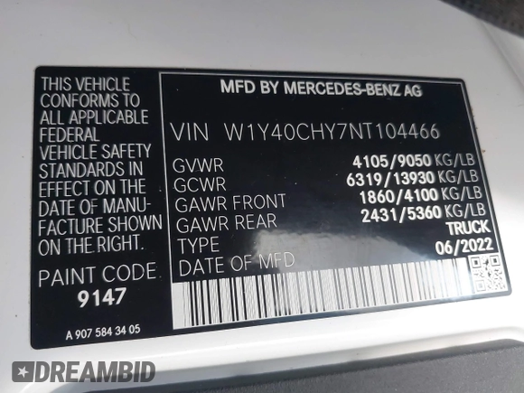 2022 Mercedes-Benz Sprinter Cargo with VIN W1Y40CHY7NT104466, listed as a IAAI auction lot 41716247 with 46,238 mi miles. Bid and sale history available at carsss.com. Image 9.