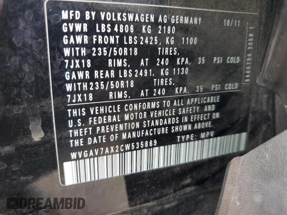 2012 Volkswagen Tiguan SE with VIN WVGAV7AX2CW535869, listed as a Copart auction lot 50589445 with 114,978 mi miles and Salvage Title. Bid and sale history available at DreamBid. Image 15.