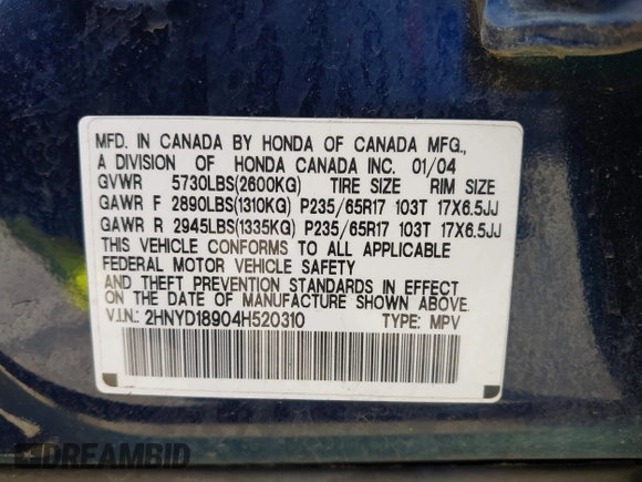 2004 Acura MDX Touring Pkg RES w/Nav with VIN 2HNYD18904H520310, listed as a IAAI auction lot 41959782 with 61,860 mi miles. Bid and sale history available at carsss.com. Image 9.