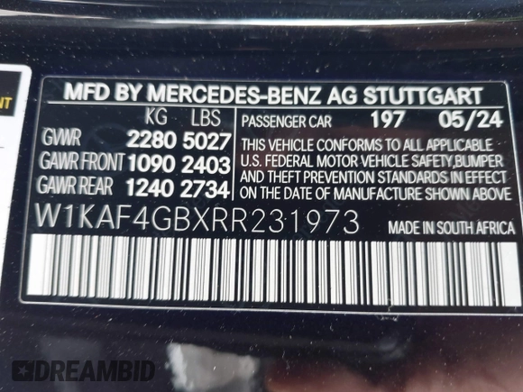 2024 Mercedes-Benz C 300 with VIN W1KAF4GBXRR231973, listed as a IAAI auction lot 41324526 with Not Provided miles and . Bid and sale history available at DreamBid. Image 9.