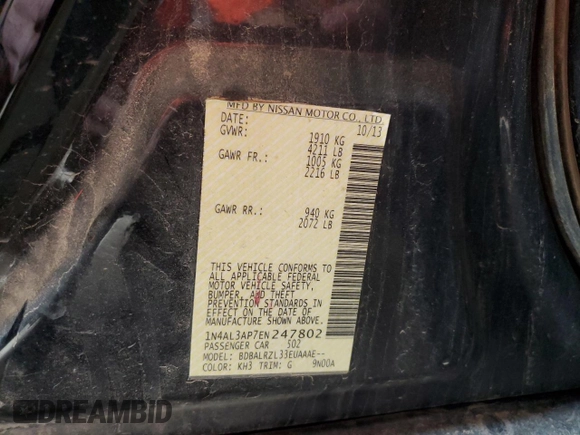 2014 Nissan Altima 2.5 S with VIN 1N4AL3AP7EN247802, listed as a Copart auction lot 50450765 with 188,719 mi miles and Clean Title. Bid and sale history available at carsss.com. Image 12.