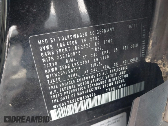 2012 Volkswagen Tiguan SE z VIN WVGAV7AX7CW535575, wystawiony jako IAAI lot #42351369 z przebiegiem 93 501 mil mil oraz . Historia ofert i sprzedaży dostępna na DreamBid. Obrazek 9.