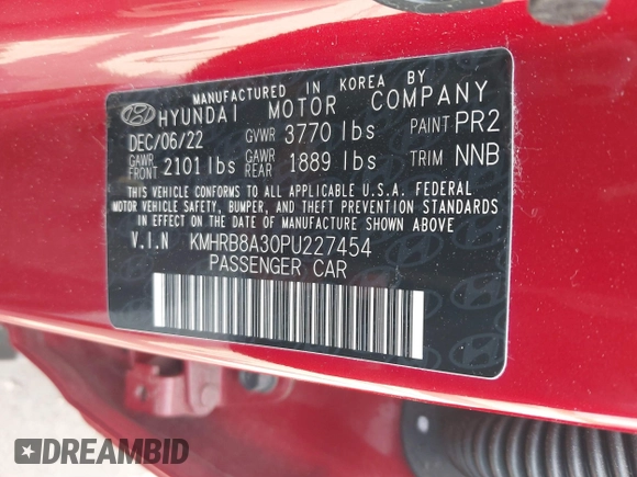 2023 Hyundai Venue SE with VIN KMHRB8A30PU227454, listed as a IAAI auction lot 41863384 with 23,464 mi miles and . Bid and sale history available at DreamBid. Image 9.