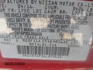 2016 Nissan Versa S Plus with VIN 3N1CN7AP3GL893655, listed as a IAAI auction lot 41680334 with 130,754 mi miles. Bid and sale history available at carsss.com. Image 9.
