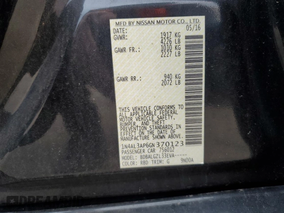 2016 Nissan Altima 2.5 S with VIN 1N4AL3AP6GN370123, listed as a Copart auction lot 85558154 with Not Provided miles and Clean Title. Bid and sale history available at carsss.com. Image 12.