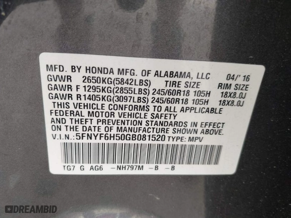 2016 Honda Pilot EX-L with VIN 5FNYF6H50GB081520, listed as a IAAI auction lot 41803001 with 113,013 mi miles. Bid and sale history available at carsss.com. Image 9.