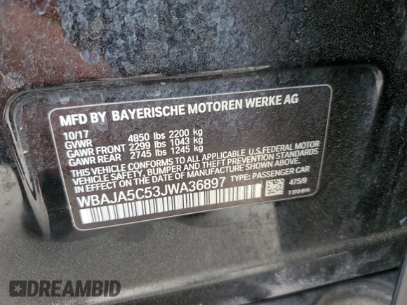 2018 BMW 5 Series 530i with VIN WBAJA5C53JWA36897, listed as a Copart auction lot 51433675 with 135,214 mi miles and Clean Title. Bid and sale history available at DreamBid. Image 12.