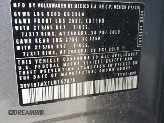 2020 Volkswagen Tiguan S z VIN 3VV1B7AX1LM152875, wystawiony jako Copart lot #62441255 z przebiegiem 107 304 mil mil oraz Szkoda całkowita • Salvage title. Historia ofert i sprzedaży dostępna na DreamBid. Obrazek 12.