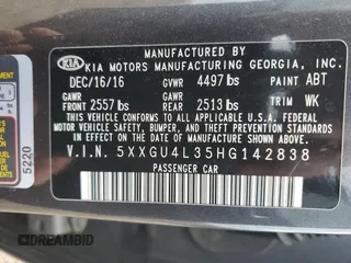 2017 Kia Optima EX with VIN 5XXGU4L35HG142838, listed as a Copart auction lot 57722595 with 132,729 mi miles and Salvage title. Bid and sale history available at DreamBid. Image 12.