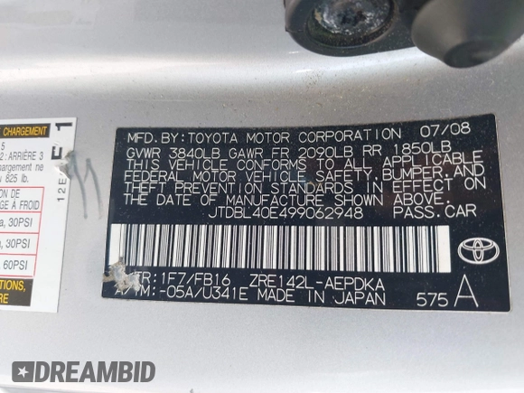 2009 Toyota Corolla with VIN JTDBL40E499062948, listed as a IAAI auction lot 41979166 with 131,535 mi miles. Bid and sale history available at carsss.com. Image 9.