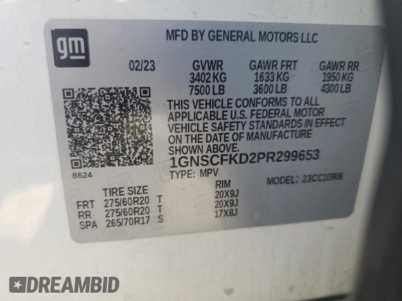 2023 Chevrolet Suburban Premier with VIN 1GNSCFKD2PR299653, listed as a Copart auction lot 53558995 with 55,593 mi miles and Clean title. Bid and sale history available at DreamBid. Image 13.