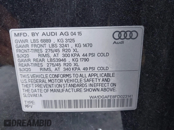 2015 Audi Q7 S line Prestige с VIN WA1DGAFE8FD023141, выставлен на аукционе IAAI как лот 41785659 с пробегом 137 342 миль миль и . История ставок и продаж доступна на DreamBid. Изображение 9.