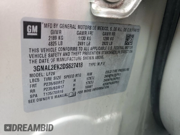 2013 Chevrolet Captiva Sport LS with VIN 3GNAL2EK2DS627418, listed as a Copart auction lot 64761184 with 82,313 mi miles and Salvage Title. Bid and sale history available at DreamBid. Image 13.