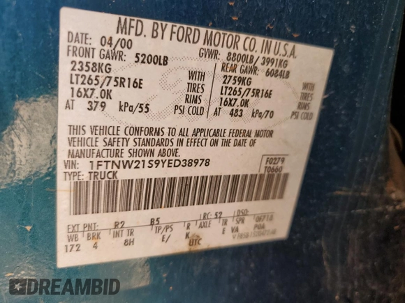 2000 Ford Super Duty F-250 XL with VIN 1FTNW21S9YED38978, listed as a Copart auction lot 81680254 with 197,016 mi miles and Salvage Title. Bid and sale history available at carsss.com. Image 14.