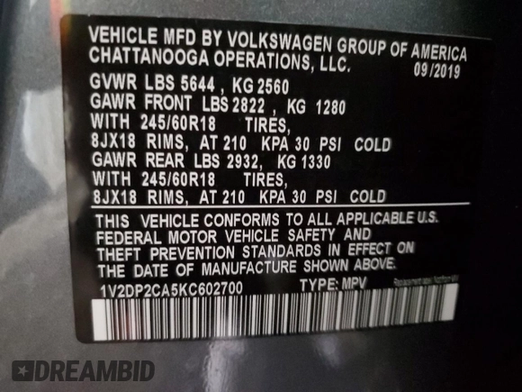 2019 Volkswagen Atlas SE with VIN 1V2DP2CA5KC602700, listed as a Copart auction lot 82044483 with 62,795 mi miles and Salvage title. Bid and sale history available at DreamBid. Image 13.