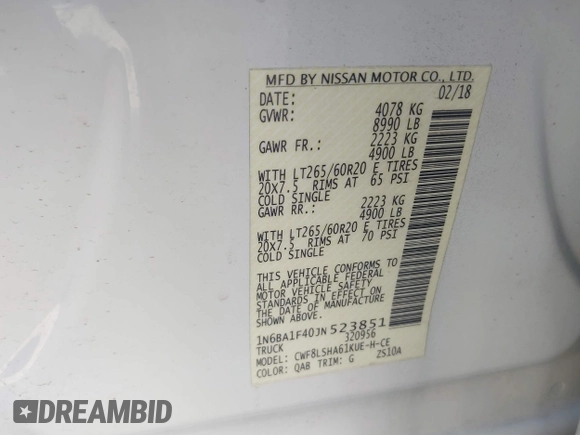 2018 Nissan Titan XD SV with VIN 1N6BA1F40JN523851, listed as a IAAI auction lot 41800730 with 104,527 mi miles. Bid and sale history available at carsss.com. Image 9.