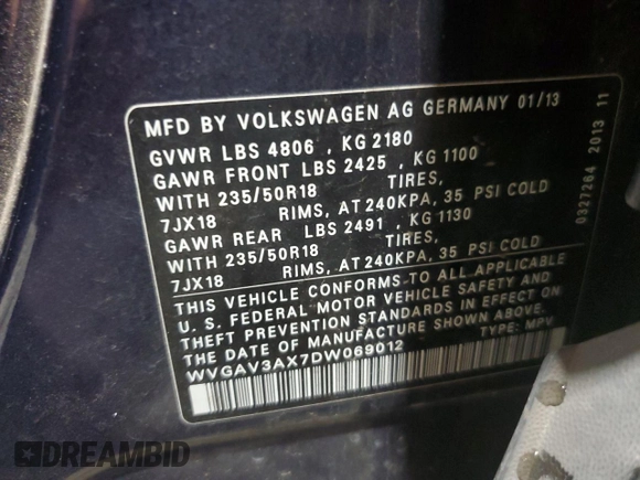 2013 Volkswagen Tiguan S with VIN WVGAV3AX7DW069012, listed as a Copart auction lot 55720975 with 133,381 mi miles and Salvage title. Bid and sale history available at DreamBid. Image 14.