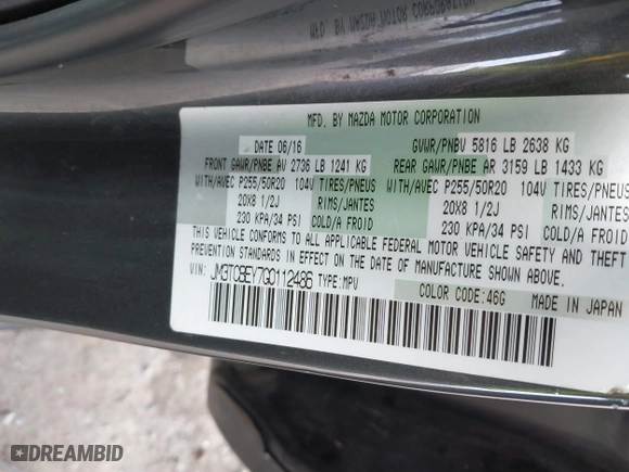 2016 Mazda CX-9 Signature with VIN JM3TCBEY7G0112486, listed as a IAAI auction lot 41592723 with 91,392 mi miles. Bid and sale history available at carsss.com. Image 9.