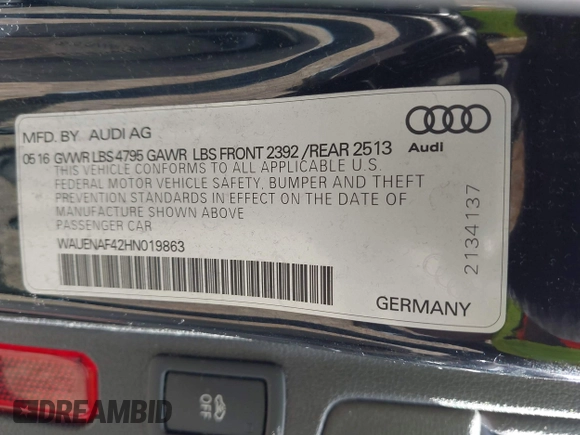2017 Audi A4 Premium Plus with VIN WAUENAF42HN019863, listed as a IAAI auction lot 42046853 with 112,667 mi miles. Bid and sale history available at carsss.com. Image 9.