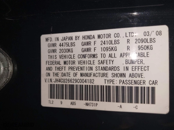 2009 Acura TSX with VIN JH4CU26629C004182, listed as a IAAI auction lot 42086811 with 206,526 mi miles. Bid and sale history available at carsss.com. Image 9.
