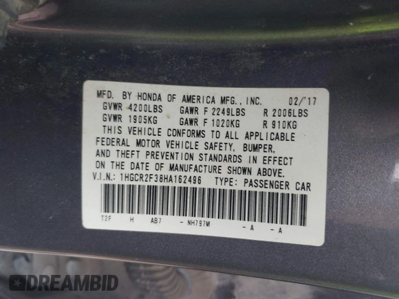 2017 Honda Accord LX with VIN 1HGCR2F38HA162496, listed as a IAAI auction lot 42075959 with 131,690 mi miles. Bid and sale history available at carsss.com. Image 9.
