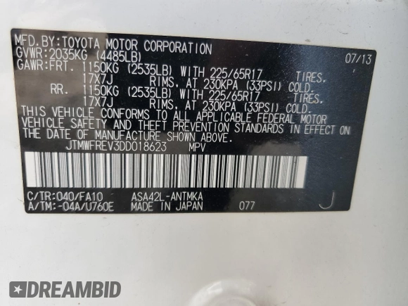 2013 Toyota RAV4 XLE с VIN JTMWFREV3DD018623, выставлен на аукционе Copart как лот 60452355 с пробегом 166 091 миль миль и Списание • Salvage title. История ставок и продаж доступна на DreamBid. Изображение 13.