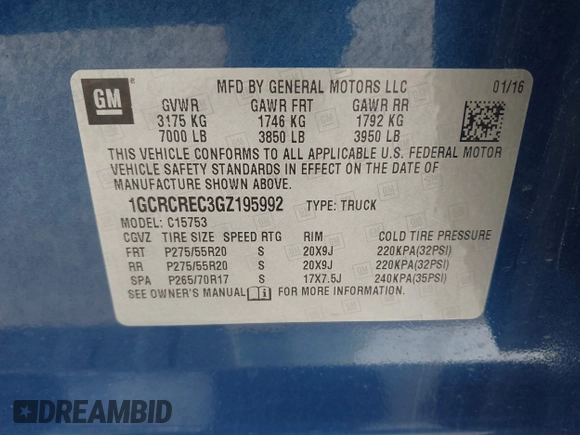 2016 Chevrolet Silverado 1500 LT with VIN 1GCRCREC3GZ195992, listed as a IAAI auction lot 41497531 with 128,815 mi miles and . Bid and sale history available at DreamBid. Image 9.