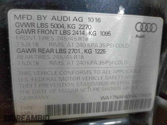 2017 Audi allroad A4 Premium with VIN WA17NAF40HA079928, listed as a Copart auction lot 44864813 with 97,421 mi miles and . Bid and sale history available at DreamBid. Image 13.