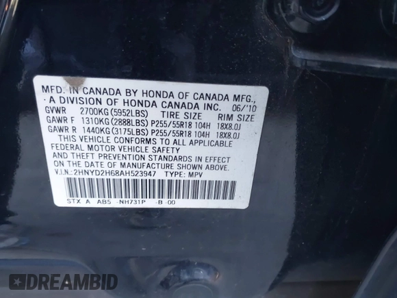 2010 Acura MDX Technology Pkg with VIN 2HNYD2H68AH523947, listed as a IAAI auction lot 41132813 with 185,187 mi miles. Bid and sale history available at carsss.com. Image 9.