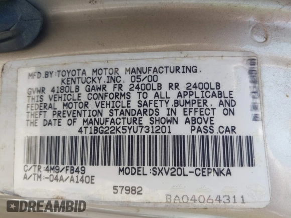 2000 Toyota Camry CE z VIN 4T1BG22K5YU731201, wystawiony jako IAAI lot #42094098 z przebiegiem Nie podano mil oraz . Historia ofert i sprzedaży dostępna na DreamBid. Obrazek 9.