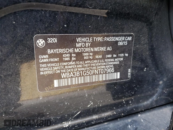 2015 BMW 3 Series 320i with VIN WBA3B1G50FNT07966, listed as a Copart auction lot 57535075 with 68,561 mi miles and Salvage title. Bid and sale history available at DreamBid. Image 12.